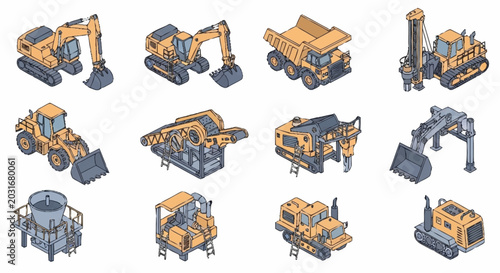 Fotografi Collection of isometric construction and mining heavy machinery vehicles, including excavators, dump trucks, and drilling rigs