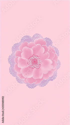 A pink flower with purple lace pattern on a pink background