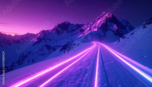 Neon trails illuminate snowy mountain landscape under a vibrant purple sky.