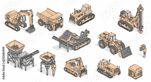 Foto Collection of isometric construction and mining heavy machinery and equipment