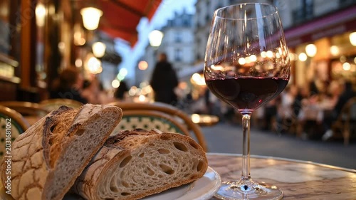 Red wine and bread on table.