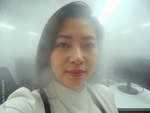 Low-angle selfie, thick fog, woman in office setting, soft contrast and saturation, low visibility, professional photography style, Photo Of The Year aesthetic.