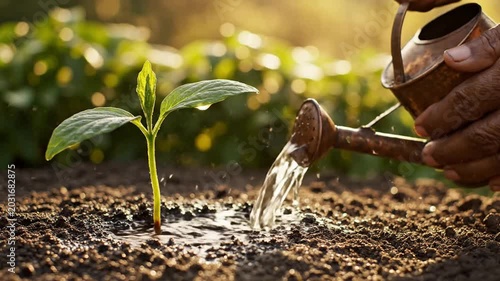 Watering a young plant in sunlight nurturing growth concept
