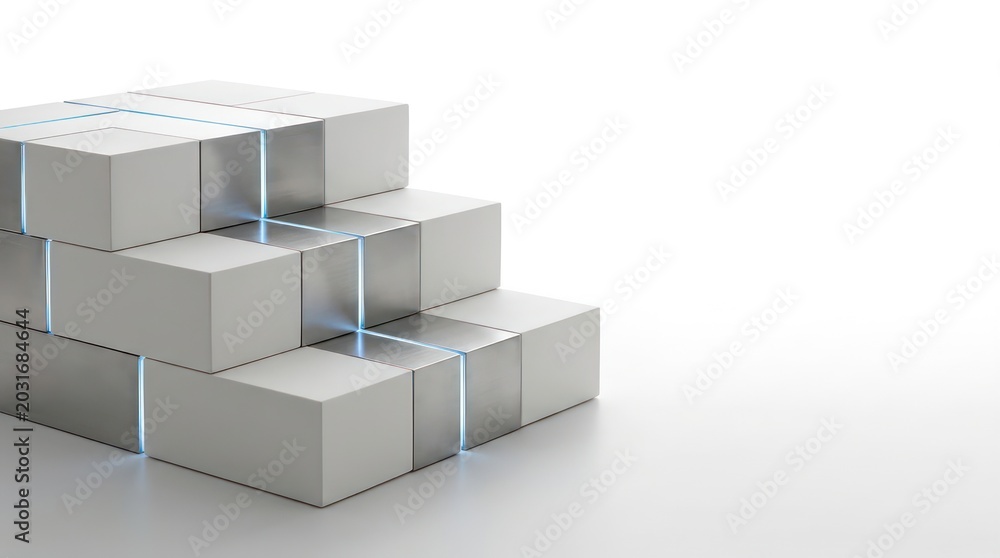 Fototapeta premium Modular White And Brushed Steel Blocks With Blue Light Routing, Clean Abstract Technology Background With Copy Space For Business Header