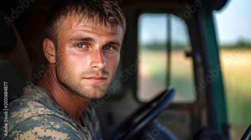 A powerful portrait-style shot. A tough, no-nonsense farmer with a military-style haircut sits in the seat of a robust, utilitarian tractor