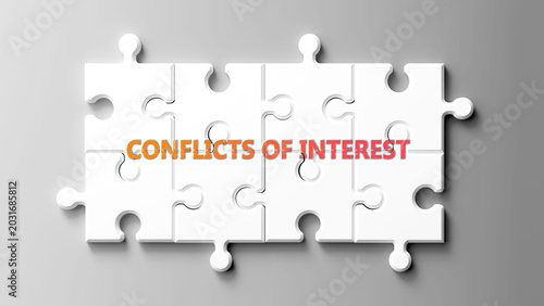 Conflicts Of Interest complex like a puzzle - pictured as word conflicts of interest on a puzzle pieces to show its complexity. ,3d illustration