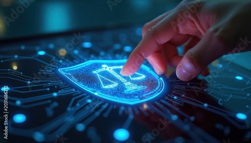 Finger touches glowing digital interface displaying justice scale icon on circuit board. AI law concept. Futuristic technology secures data privacy. Legal tech innovation. Network security.