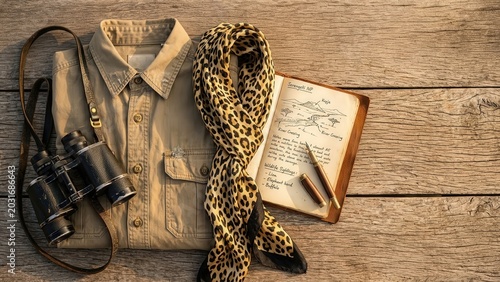 Vintage Safari Adventure Essentials with Binoculars and Journal on Wood