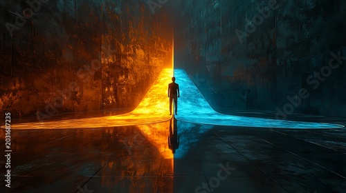 Lone Person Standing Between Two Glowing Roads in Dark Space Representing Strategic Decision, Hope, Uncertainty and Future Business Direction Concept