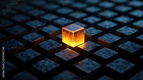 Single Glowing Cube Rising Above Thousands of Dark Cubes Representing Innovation, Disruption and Business Breakthrough in Cinematic Minimal Composition