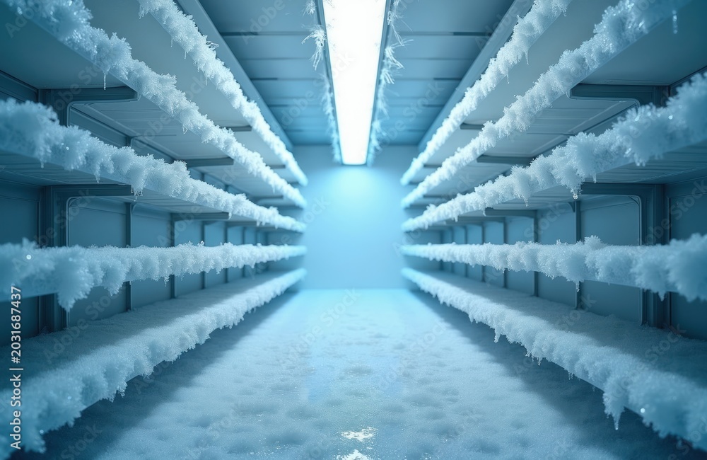 Fototapeta premium Empty walk-in freezer interior with frost accumulation on shelves and floor. Cold storage unit lit by overhead light, ideal for food preservation concepts.