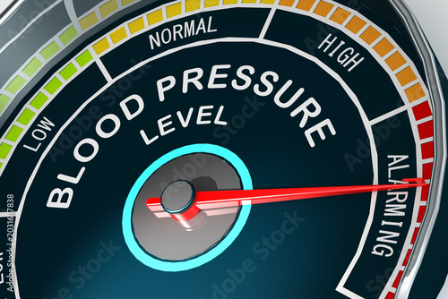 High blood pressure concept with indicator pointing to alarming