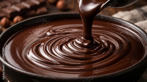 Close up shot of glossy liquid chocolate swirl pouring into a black ceramic bowl, surrounded by chocolate bars and hazelnuts on a rustic dark surface