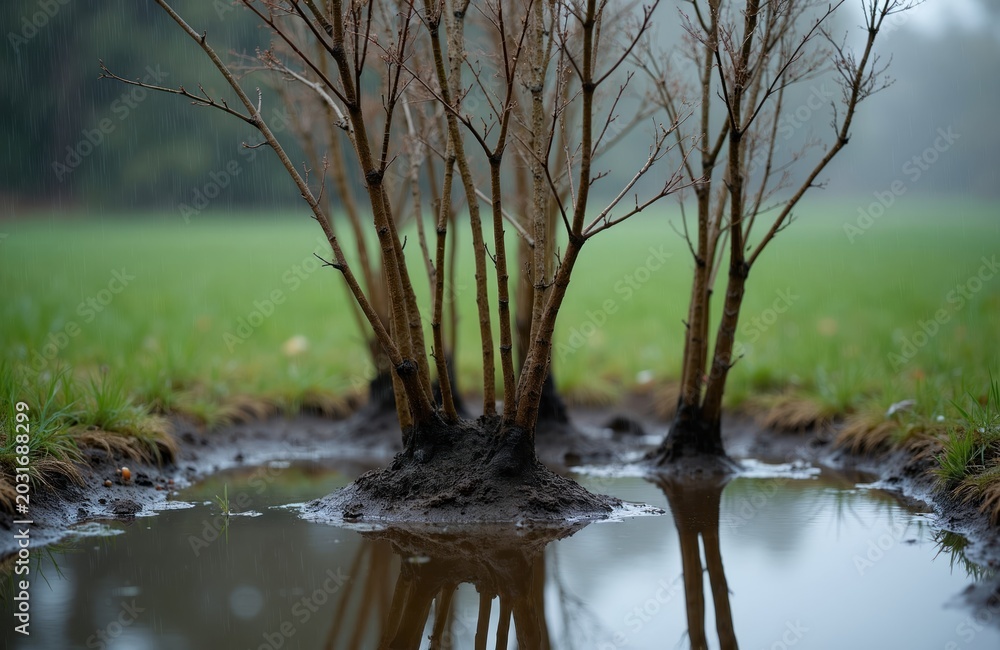 Obraz premium Bare tree stems stand in muddy water collected around their bases. Heavy rain falls on green grass field. Poor drainage causes waterlogged soil. Garden plants suffer.