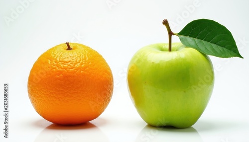 Juicy orange and crisp green apple with leaf, vibrant healthy fruits. Natural nourishment, sweetness, and vitamin C. Choice and comparison of ripe produce for diet.