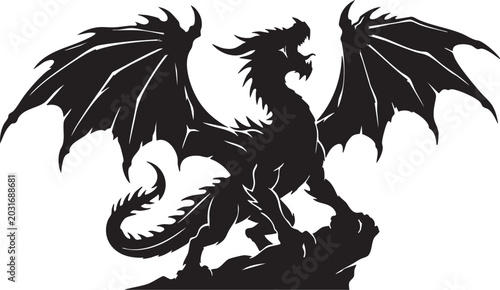 Fotografie Dragon Silhouette: A striking silhouette of a mythical dragon, with powerful wings outstretched and sharp claws, stands defiantly atop a rocky outcrop, exuding an aura of ancient power and fantasy