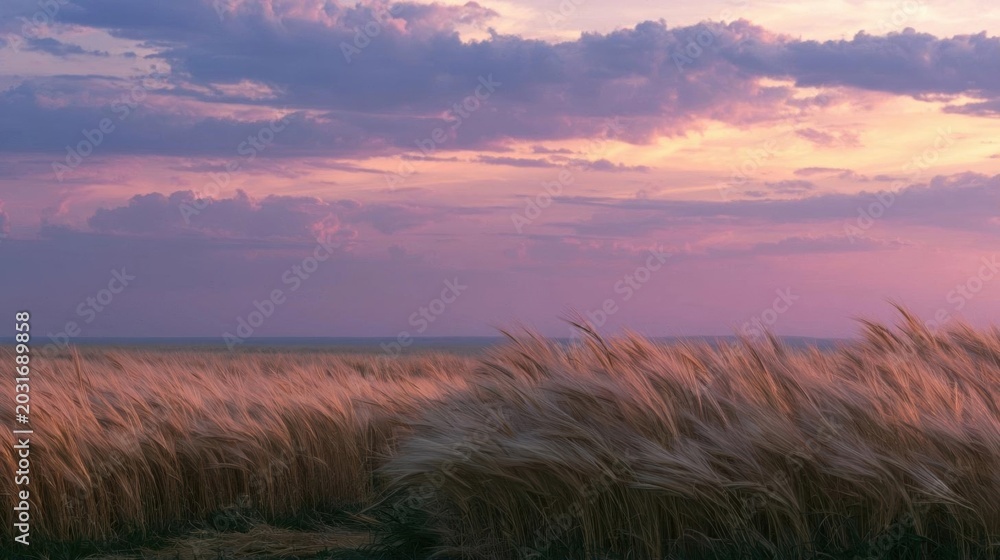 Fototapeta premium Landscape photograph of a field of tall, golden wheat stalks at sunset. the sky is filled with pink and purple hues, with a few scattered clouds scattered across the horizon.
