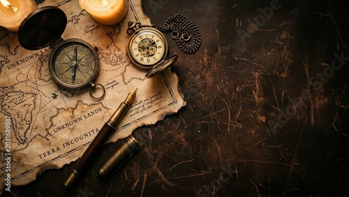 Vintage Navigation Tools and Old Map on Antique Leather Background