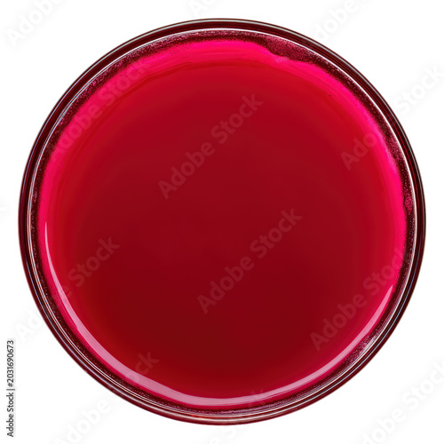Vivid red fruit nectar in circular container top view with smooth surface isolated on transparent background for refreshing berry drink and healthy lifestyle concept and professional food