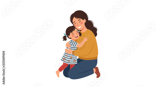 A mother kneeling down and embracing her young daughter with love.