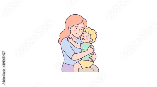 A mother lovingly hugging her small child with affection.