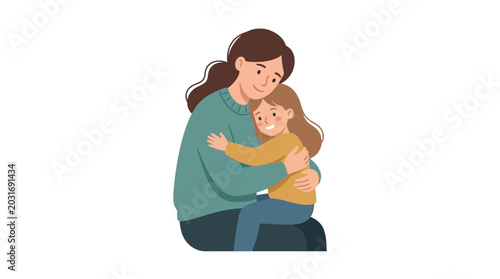 A mother lovingly hugging her young daughter in a tender moment.