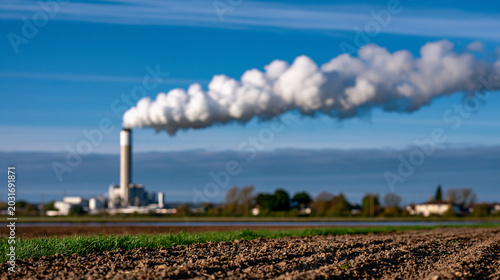 Carbon capture absorption tower rising above a quiet rural English landscape, white condensation plume drifting eastward under blue summer sky, ideal for carbon removal, climate solutions, and moder