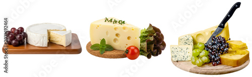 Obraz na płótnie Gourmet cheese selection: brie, swiss, blue, grapes, isolated on transparent background for culinary design