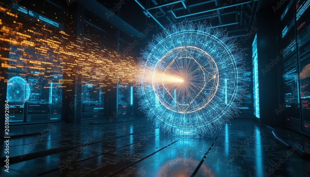 Fototapeta premium Abstract digital data streams converge on a glowing futuristic neural network. Artificial intelligence processing information in a modern data center. AI concept.
