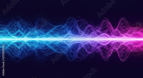Abstract blue and purple background showing complex energy waves flowing through a digital matrix, representing a vibrant resonant frequency field ,aura ,frequency ,banner