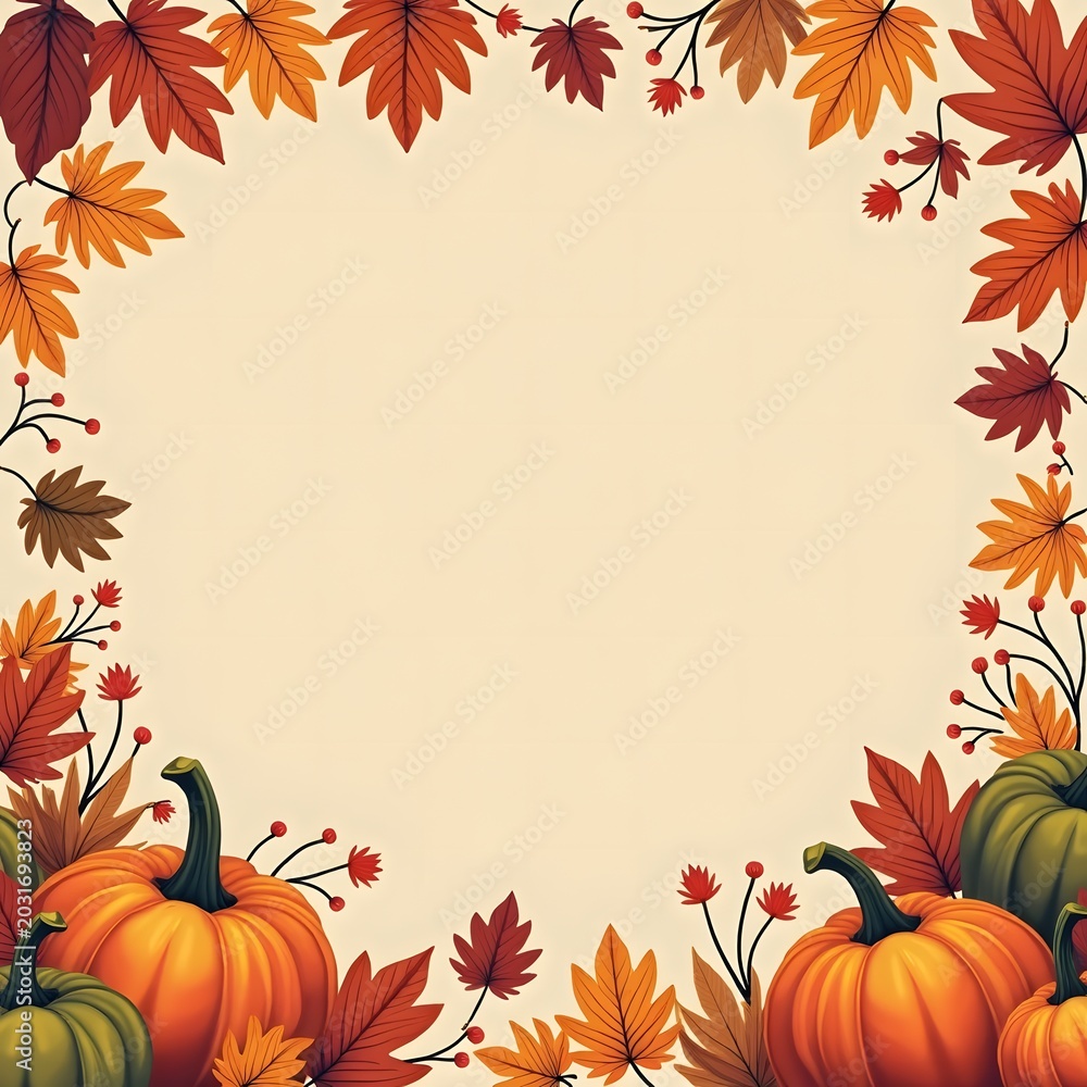 Fototapeta premium Autumn harvest pumpkins and leaves border frame