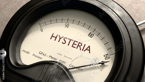 Hysteria meter showing high levels of hysteria. Dangerously increasing values of hysteria, critical overload. Too much, off the charts. Max hysteria ,3d illustration