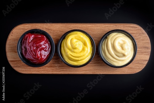 Three sauces in bowls on wooden tray against black background