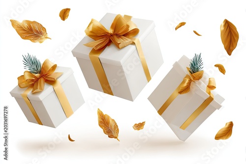 Three white gift boxes with gold ribbons and autumn leaves on white