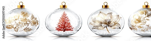 Transparent christmas ornaments with festive embellishments isolated on white
