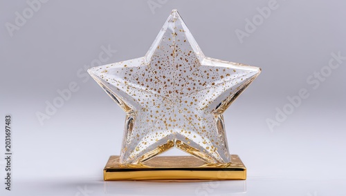 Transparent crystal star trophy on golden base against a white background