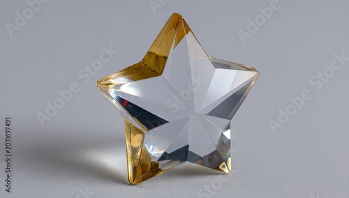 Transparent crystal star with gold edges on gray background