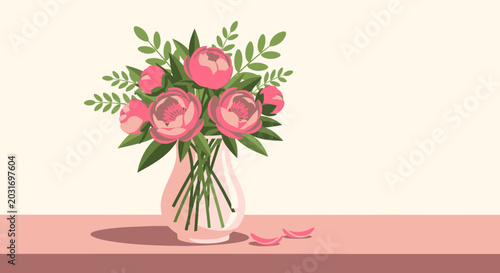 Quadro su tela A bouquet of pink flowers in a vase on a table.