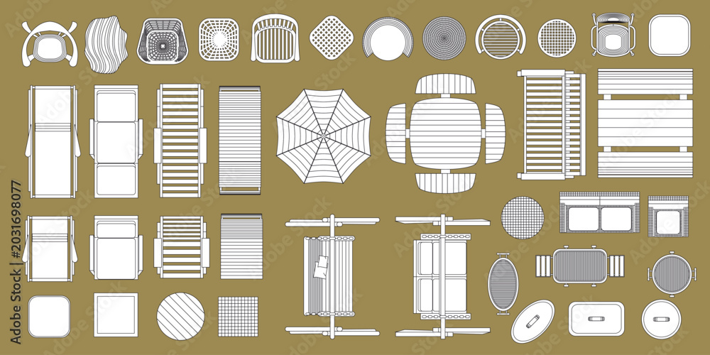 Fototapeta premium Top view line outline stroke collection of outdoor furniture and patio elements including lounge chairs, tables, umbrellas and garden seating. 