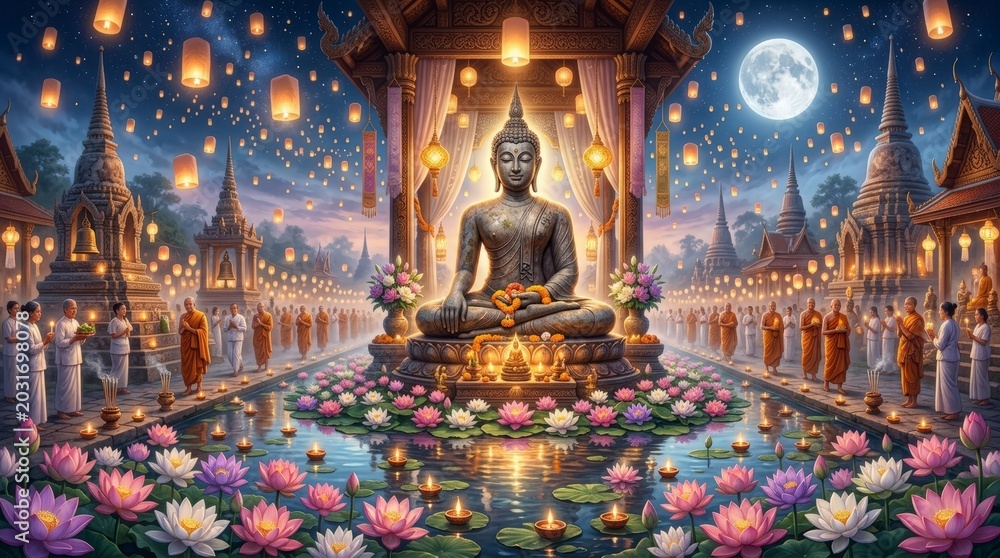 Fototapeta premium Buddha statue surrounded by monks and lotus flowers under a full moon at night.