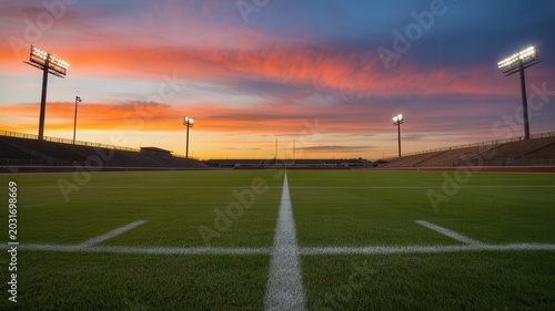 Empty American football stadium at sunset with bright floodlights