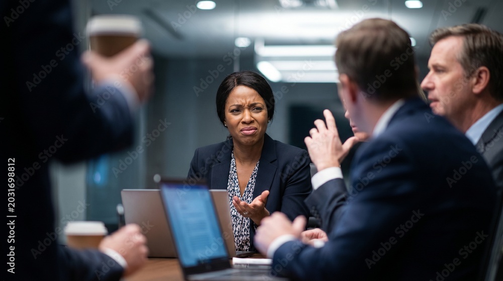 Naklejka premium Frustrated African American businesswoman ignored by male colleagues during a corporate meeting, concept for workplace discrimination and microaggressions