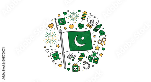 Schilderij op canvas Illustration of Pakistan flag with decorative festive elements in a circle