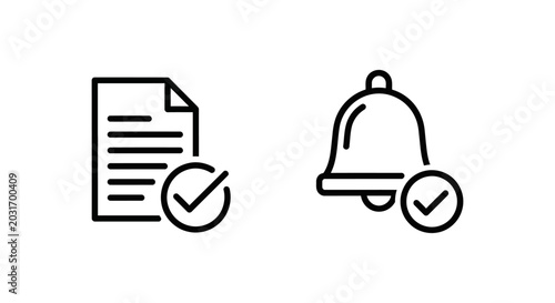 Document with checkmark and notification bell icons document checkmark approval confirmation verification completed checklist agreement contract registration subscription