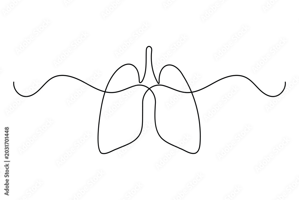 Obraz premium Continuous one line drawing of human lungs respiratory system outline vector