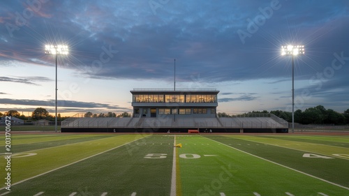 American football field at dusk with stadium lights and empty bleacher seats