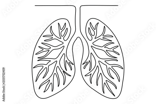 Detailed continuous line art drawing of human lungs with bronchioles for medical concept