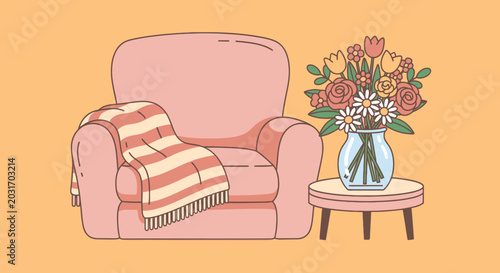 Photography Cozy living room with armchair flowers.