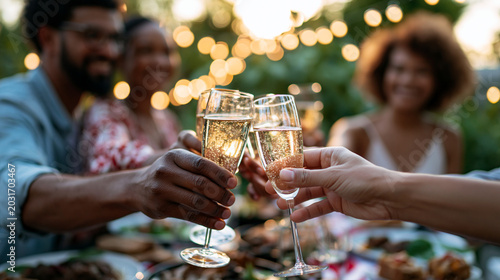 Canada Day toast with sparkling drinks as friends raise glasses at an outdoor red and white dinner table festive close up soft bokeh