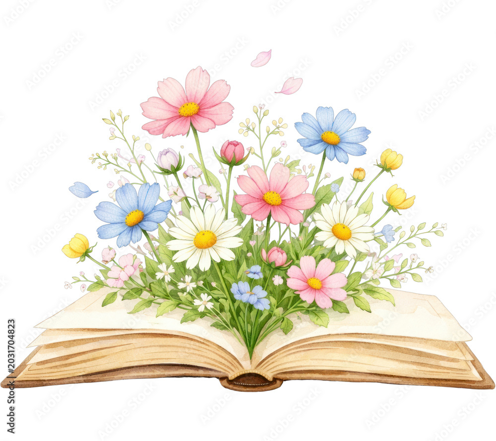 Fototapeta premium PNG Open book blossoms with flowers.